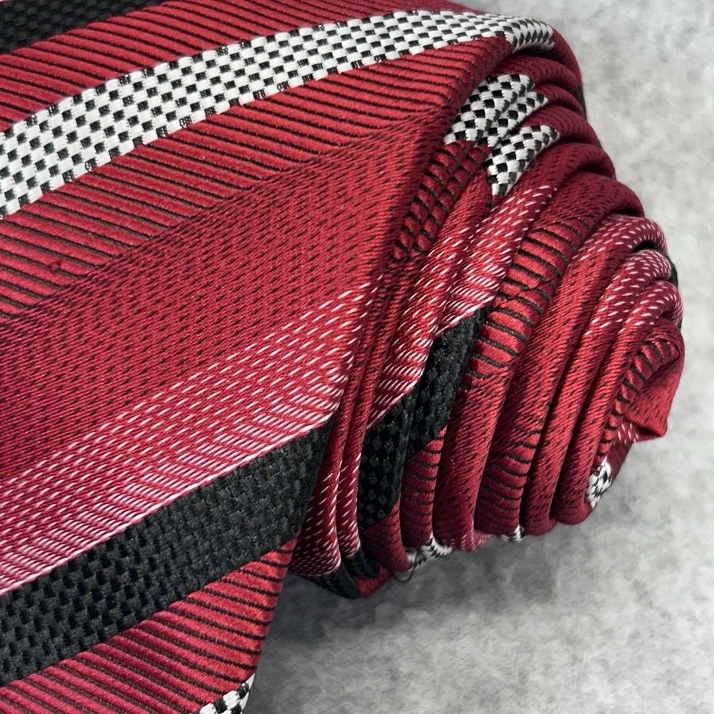 Mens 100% Silk Wide Striped Necktie Red Black White Self Tipped 60
